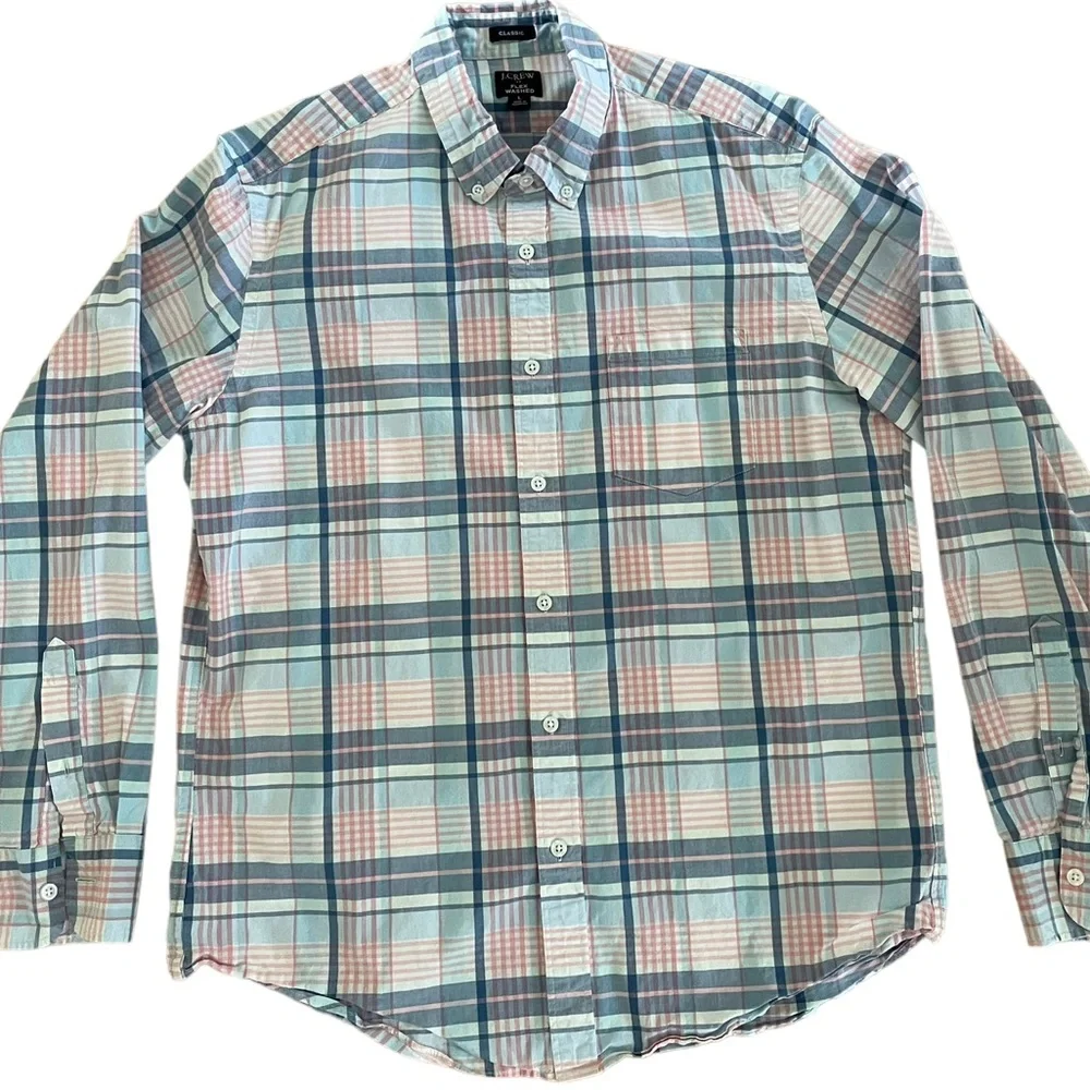 J. CREW LONG SLEEVE OXFORD SHIRT Size L Blue Pink and White Plaid